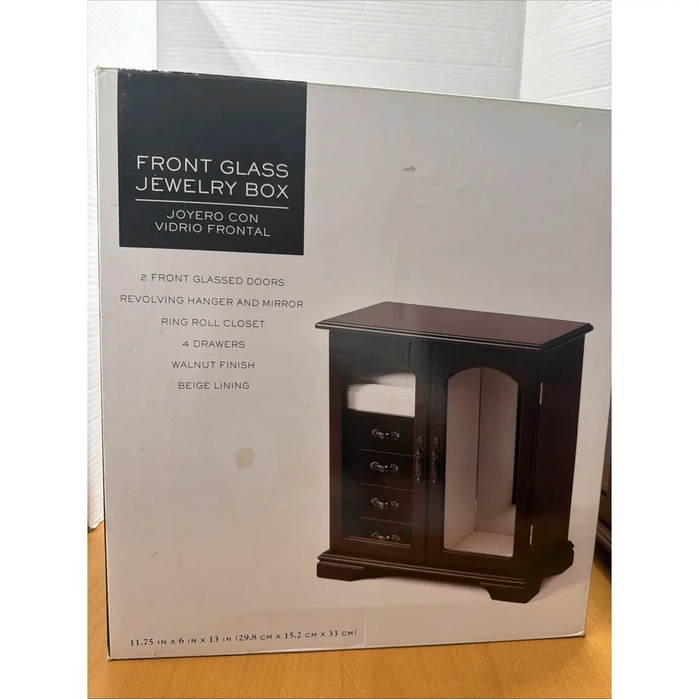 FRONT GLASS JEWELRY BOX-RING ROLL CLOSET, 4 DRAWERS, REVOLVING HANGER,MIRROR NEW
